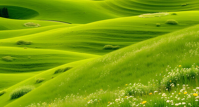 Lush, green rolling hills dotted with wildflowers. Fresh, lively, and full of renewal