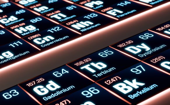 Periodic table of the elements, terbium, gadonilum, berkelium. System, material, chemical, atomic number, weight, material, science, education. 3D ilustration