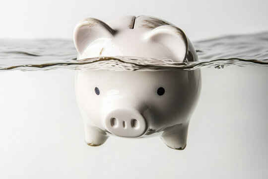 A submerged white piggy bank, symbolizing financial challenges or savings under pressure, partially underwater against a plain background.