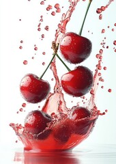 Juicy Cherry Splashes in Red Liquid Isolated on White Background with Fresh Summer Fruits for Advertising and Branding