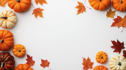 Autumnal Arrangement Of Pumpkins And Maple Leaves On White Background
