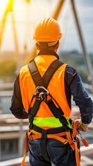 Construction worker inspecting safety harness at bri beec site outdoor environment professional viewpoint