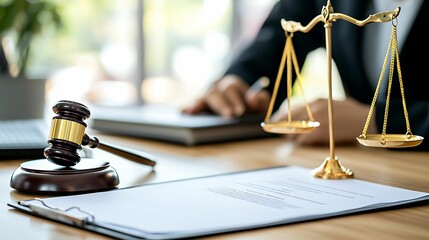 A gavel and a scale of justice on a desk, symbolizing law and legal proceedings, with a blurred figure in the background.