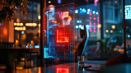 Futuristic transparent display with digital interface at night setting