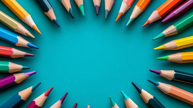 A Vibrant Circle of Colored Pencils: Art, Design, and Creative Expression on Teal Background