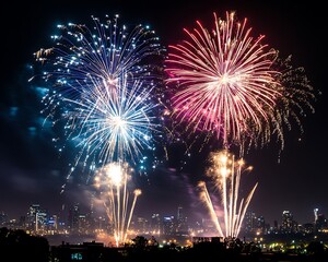 Two colorful firework displays erupt over a city skyline at night