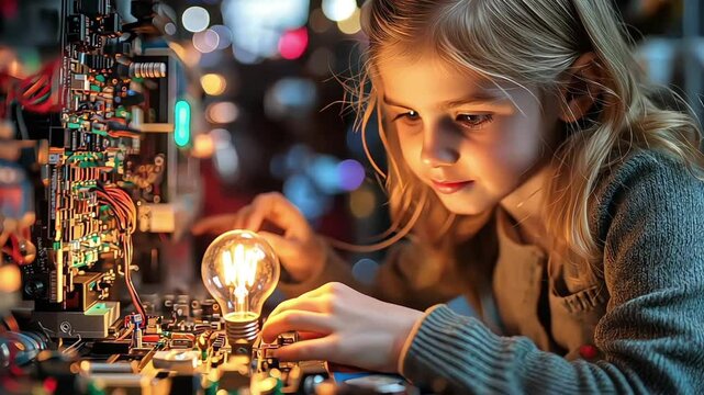 Curious Little Girl Experimenting with Electricity and Light
