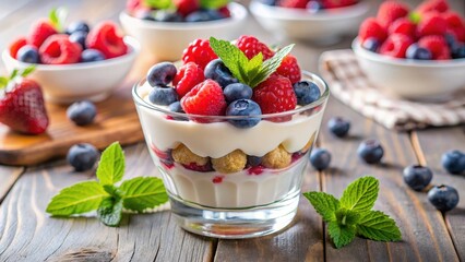 Creamy yogurt parfaits layered with vibrant fresh raspberries and blueberries in a clear glass bowl, seasonal fruits, breakfast