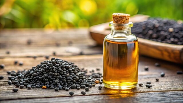 Close-up of black cumin oil bottle on table with selective focus, natural remedy