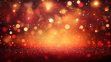 New Year Celebration Fireworks Display with Bokeh Lights on Vibrant Red and Orange Background for Events and Festivities