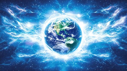 Glowing 3D Earth surrounded by pulsating white and blue lines, illustrating the futuristic concept of global data transfer and connectivity.