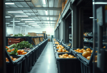 Vibrant fruits and vegetables are neatly arranged in folding containers inside a well-organized airless storage facility.