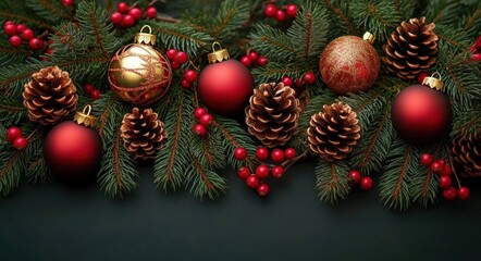 Festive Christmas Pine Branches with Ornaments Berries and Pinecones on Dark Green Background