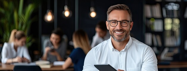 Man stands with a tablet in hand, smiling at the camera as a team works together at a table in the background