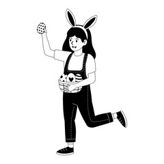 Girl wearing bunny ears joyfully carries basket of decorated eggs in springtime celebration