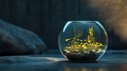 Enclosed aquatic microcosm within a glass sphere on a watery surface