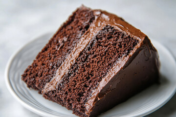A decadent slice of moist chocolate cake, rich frosting, perfect dessert.