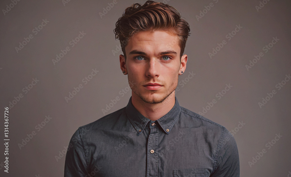 Poster man with a beard and earrings is wearing a blue shirt. he is standing in front of a gray background