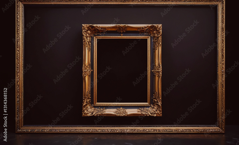 Poster black background with two gold framed pictures on it. the first picture is a black frame with a whit