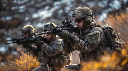 Fototapeta premium Soldiers in Action: Military Team on Patrol with Rifles and Camouflage Gear, Ready for Combat and Defense in the Field