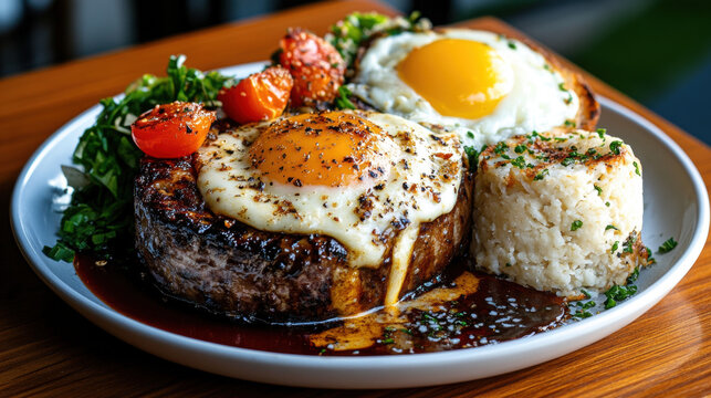 Waikiki, A delicious plate of loco moco served in Waikiki, enhanced for high fidelity.
