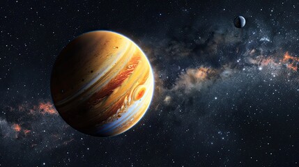Magnificent gas planet jupiter, illuminated, distant moon and stars