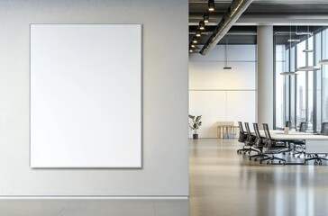 High-Resolution Large-Format Canvas Print on White Wall in Modern Office Space for Product Presentation with Copy Text on Empty Poster Mockup.