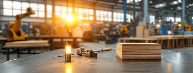 Robotic arms work on metal plates, crafting modern furniture in a sleek industrial workshop with warm lighting and a bright atmosphere