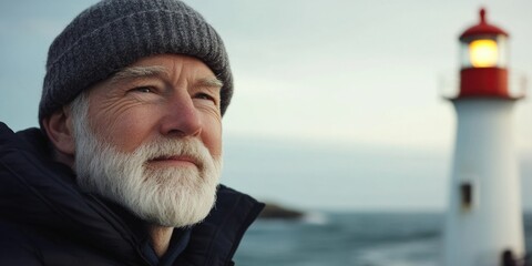 The image depicts an older man with a beard and mustache, wearing a grey beanie and a winter coat, standing in front of a red lighthouse. He is looking off to the side with a contemplative expression.