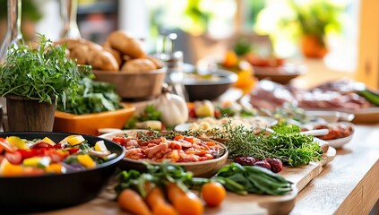 Delicious array of fresh vegetables, meats, and baked goods on a wooden table, perfect for a feast or buffet.