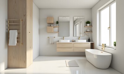 Fototapeta premium Scandinavian Minimalist Bathroom with Gold Fixtures and Wood Accents