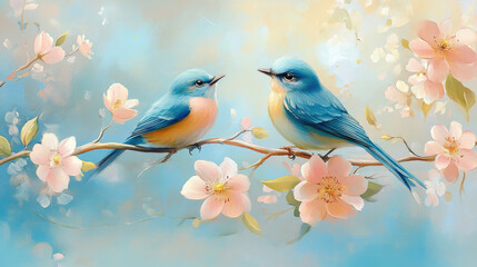Fototapeta premium Two vibrant blue birds perched on a blooming branch, surrounded by soft floral elements and a serene blue background, conveying a sense of tranquility and nature.