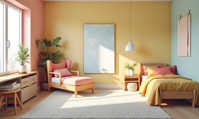 Fototapeta premium Serene Pastel Bedroom with Minimalist Decor and Natural Lighting