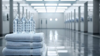 Tidy Gym Locker Room with Fresh Towels and Water Bottles in a Clean Minimalist Aesthetic