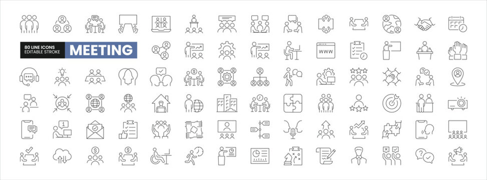 Set of 80 Meeting line icons set. Meeting outline icons with editable stroke collection. Includes Business Meeting, Teamwork, Collaboration, Online Meeting, Goal, and More.
