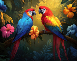 Obraz premium Two colorful parrots perched on a branch, surrounded by vibrant flowers in a lush, tropical jungle setting.