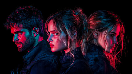 Naklejka premium Trio of Intensity: A Man and Two Women Under Neon Lights