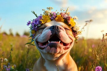 Vacation time happiness. Early sunshine. Cute baby dog bulldog wearing primal flower crown on its...