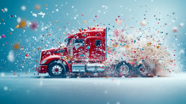 Celebratory Transportation: Red Truck amidst a blizzard of confetti, concept for moving announcement, or new beginnings