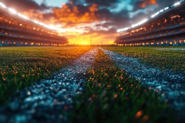 Football Stadium Dusk Illustration with Team Logos and Dramatic Lighting Effect