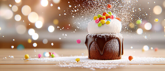 Decadent Chocolate Lava Cake with Gooey Chocolate Spilling Out and Festive Toppings