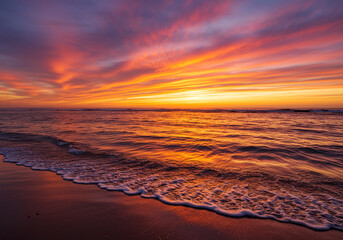 Fototapeta premium Ocean Waves at Sunrise with Vibrant Sky and Warm Light Reflection