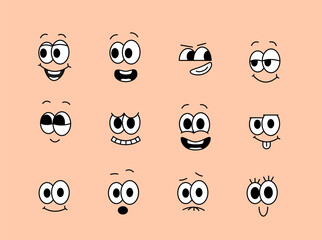 70s groovy comic set. Vintage retro stickers with cartoon faces expressing different emotions. Design Elements for Character Constructor. Outline doodle illustration collection isolated on background