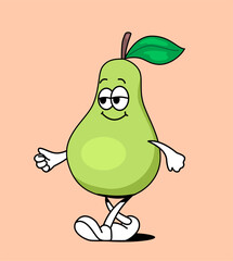 70s groovy comic character. Vintage retro sticker with cute pear character with arms, legs and happy face expression. Design for social networks. Outline doodle illustration isolated on background