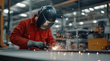 Welding worker in red gear uses a welding machine to create a stainless steel frame, with sparks lighting up his face in a factory