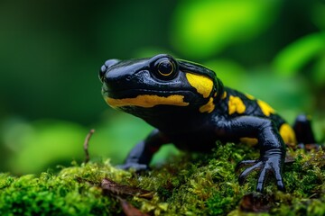 Obraz premium A yellow-black fire salamander on a moss-covered forest floor.