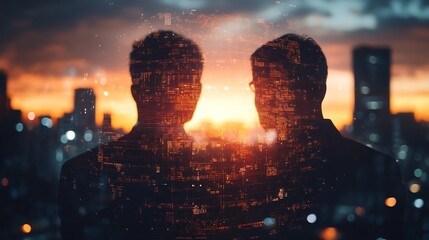 abstract business team, financial charts, holographic interfaces, urban background