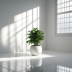 This modern minimalist interior embodies elegance and simplicity, featuring a lush green potted plant in a smooth white ceramic pot, placed on a glossy white tile floor. 