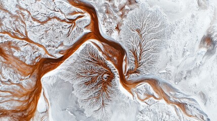 Aerial view reveals a landscape resembling flowing rivers and frosted foliage
