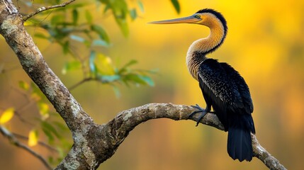 Obraz premium Anhinga perched on branch, golden sunset backdrop